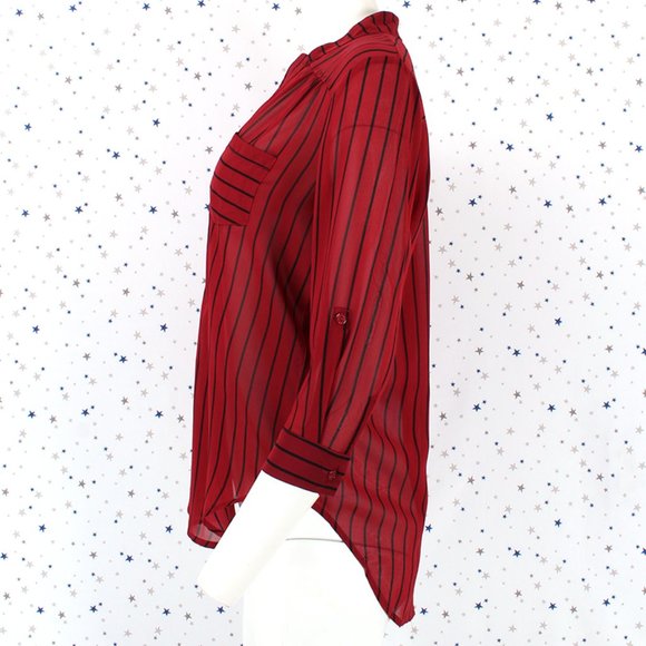 3/4 Sleeve Sheer Stripe Blouse Top Burgundy - Picture 4 of 7